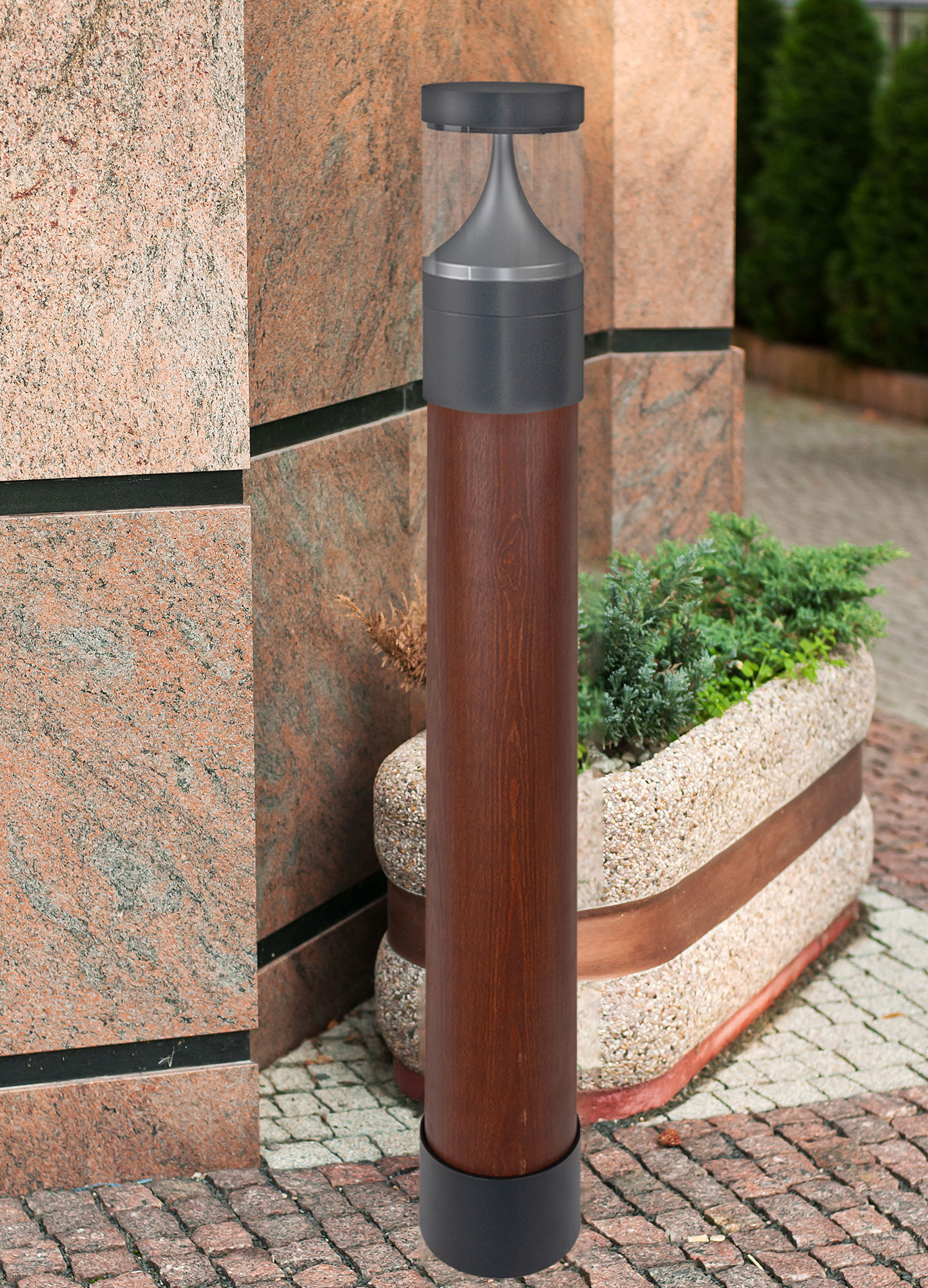 Stalp de iluminat ornamental pentru gradina echipat, grafit, 0.85ml, LED, 9.1W, 3000K, dimabil, insertie lemn brun, Norlys, Egersund Mini