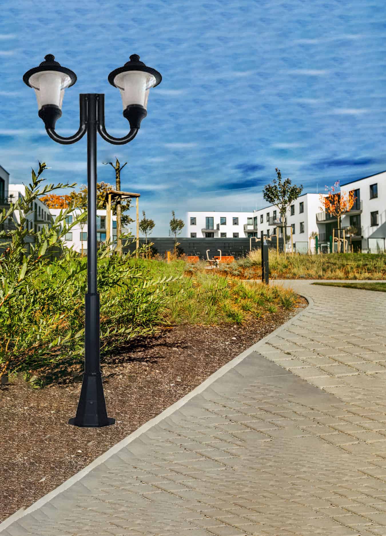 Stalp de iluminat ornamental pentru parcuri echipat, 4ml, 2x50W, LED, 6000K, negru, 2 brate, IP55, SV-008.N4.2J.REMO